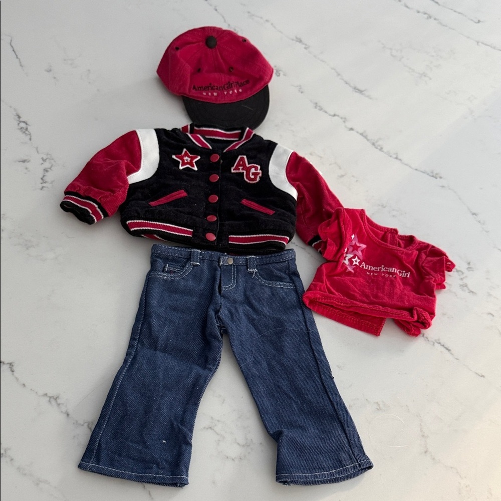 American Girl varsity Red and Black Jacket with Blue Jeans Set and hat